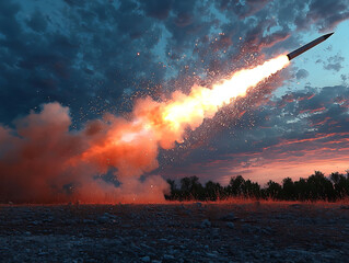 Fototapeta premium Dramatic sunset scene of a missile launching, fiery trail against a vibrant sky. Perfect for illustrating power, technology, defense, or futuristic concepts.
