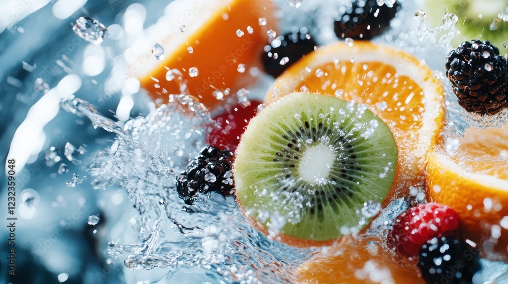 Aufkleber this image captures a dynamic splash of various fresh fruits, including kiwi, orange, and berries, c