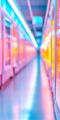 Naklejka premium Abstract view of bright colorful modern supermarket aisle with blurred neon lights