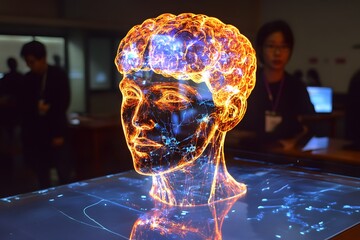 A glowing holographic map of the human brain on display in a conceptual classroom. 