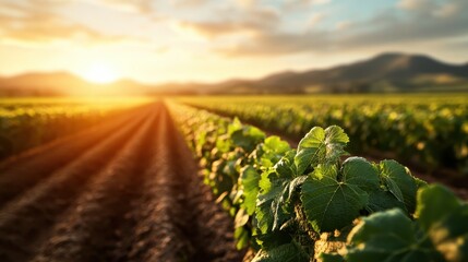 A breathtaking view of vineyard rows bathed in golden sunset light, depicting the beauty and tranquility of wine country, celebrating nature's elegance and grape cultivation.