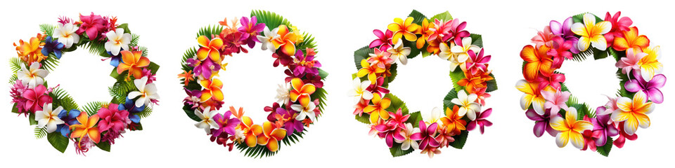 Hawaii garland of colorful flower isolated on transparent background, PNG, Set of