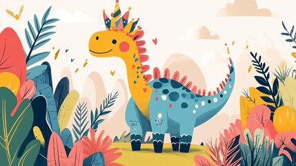 Cute Dinosaur Birthday Party Vector Illustration for Adobe Stock