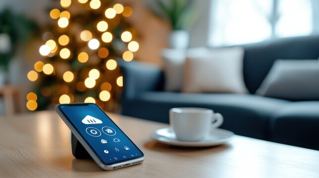 Cozy and modern living room interior with smart home technology controls  Comfortable couch coffee table and holiday decor with interactive digital devices for home automation and wireless control