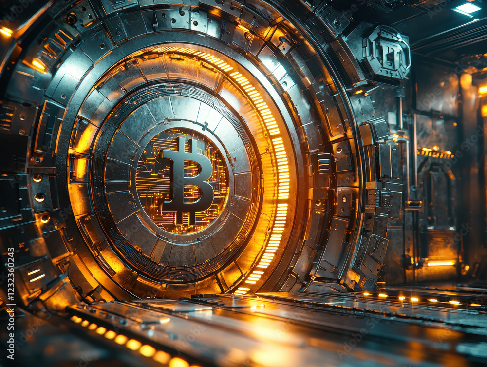 Poster futuristic cyber vault door with glowing tones representing secure cryptocurrency transactions and b