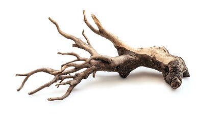 Isolated weathered driftwood piece with intricate branches on white background.