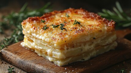 Deliciously baked lasagna layered with cheese and herbs on a rustic wooden board