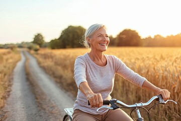 Obraz premium Woman enjoying a bike ride on a countryside road, with golden fields on either side.
