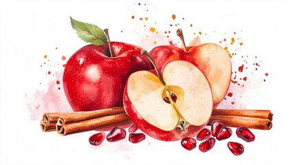 Delicious Cinnamon Sticks Apple Slice Pomegranate Watercolor Illustration for Culinary Designs with Natural Ingredients Concept