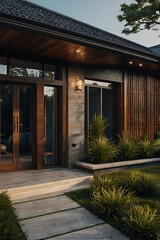 Modern House Exterior Design: Stone and Wood Facade,Landscaped Garden,Pathway