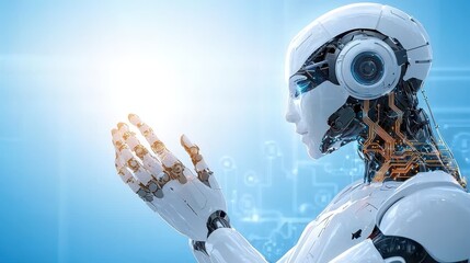 Close up view of a robotic hand reaching out and connecting with a digital interface representing the concept of advanced intelligence and innovative human machine interaction