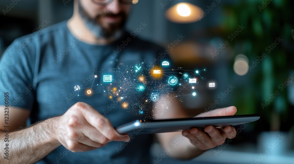 Wall mural businessman using a touch screen tablet device displaying futuristic digital technology in a contemp