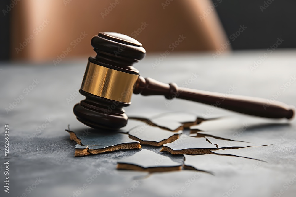 Aufkleber a conceptual shot of a gavel resting on a fractured legal document with a blurred judge's chair in t