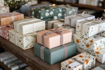 A chic, modern gift shop with unique, artisanal gifts and stylish packaging