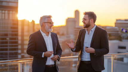Two business professionals discussing ideas on rooftop at sunset, with city skyline in background.
