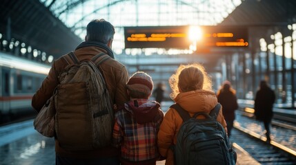 A family stands hand in hand at a train station, basking in the golden sunlight as they await their train, symbolizing unity, warmth, and the excitement of travel.