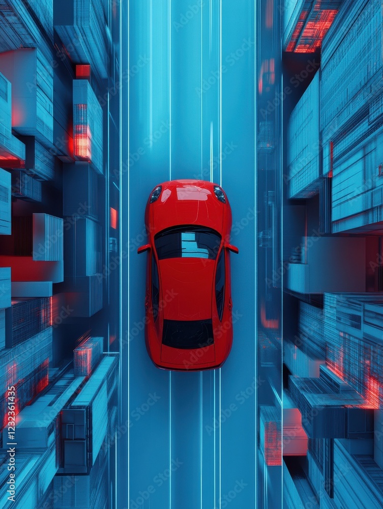 Poster top view of abstract red car on digital blue background. location, vehicle and navigation concept. 3
