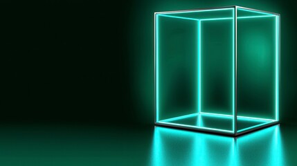 Glowing Neon Cube Floating in Dark Environment with Reflections