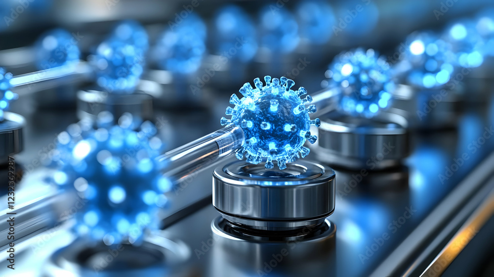 Poster 3d rendered virus being studied in a lab with pipettes carefully extracting samples.