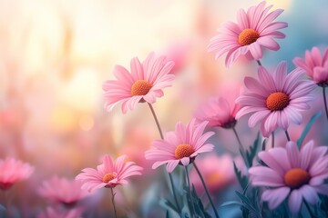 Fototapeta premium Beautiful pink daisies bloom in a sunlit field during springtime, capturing the essence of nature's vibrant colors and warmth
