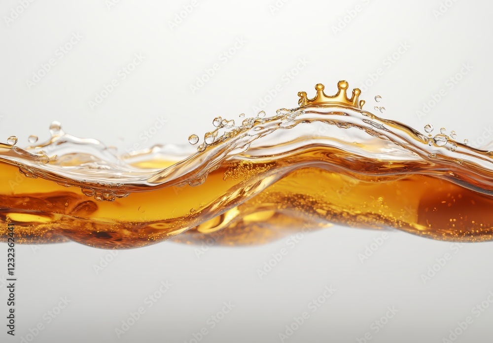 Poster abstract image of amber liquid flowing, creating dynamic waves and splashes against a light gray bac