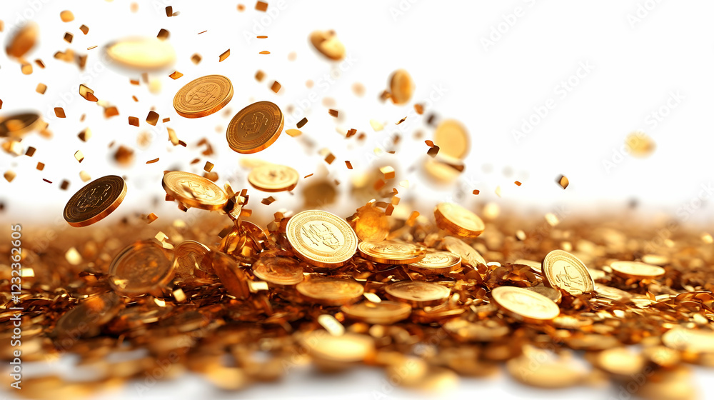 Poster a 3d rendering of falling gold coins showers down creating a sparkling heap against a white backdrop