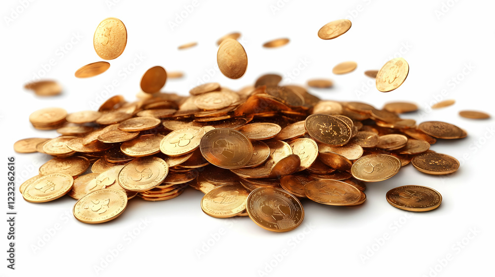 Poster pile of shiny gold coins falling and stacked together on a white background, creating visual interes