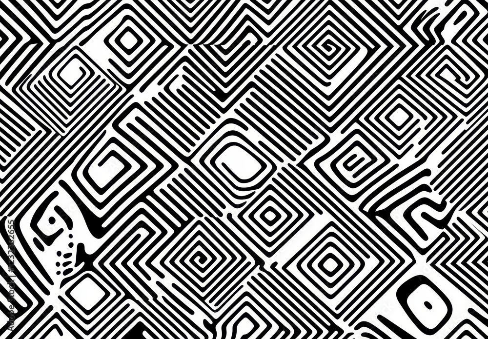 Poster abstract black and white pattern with geometric shapes and swirling lines. high contrast monochrome 