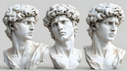 Obraz premium Three Marble Busts Exhibiting Subtle Variations in Expression and Gaze on a Neutral Background