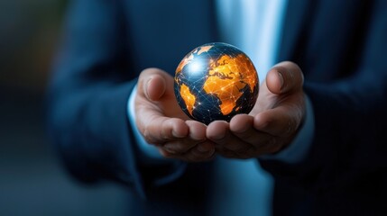 Fototapeta premium A person s hands gently cupping and presenting a glowing luminous earth globe symbolizing the concept of sustainability environmental protection technological innovation
