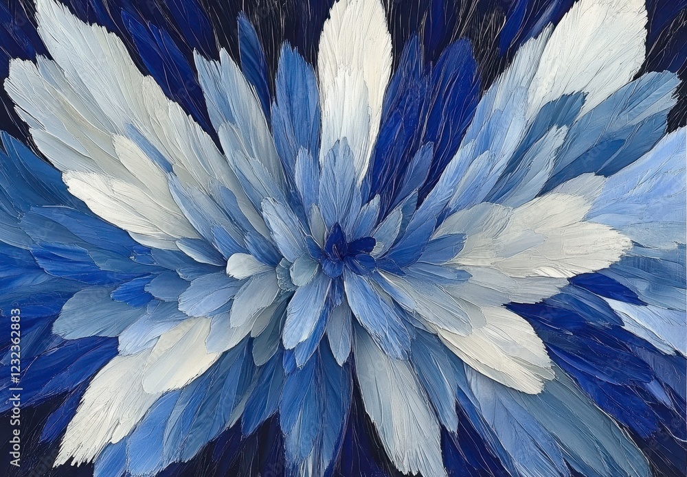 Poster abstract explosion of blue and white shapes against a dark background. the image is digitally create