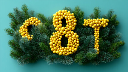Obraz premium Yellow Balls Form the Number 8 on a Green Pine Branch Background