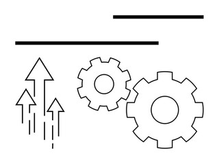 Two gears accompanied by upward-pointing arrows and horizontal lines. Ideal for concepts of business development, technological innovation, process improvement, industry, forward motion, efficiency