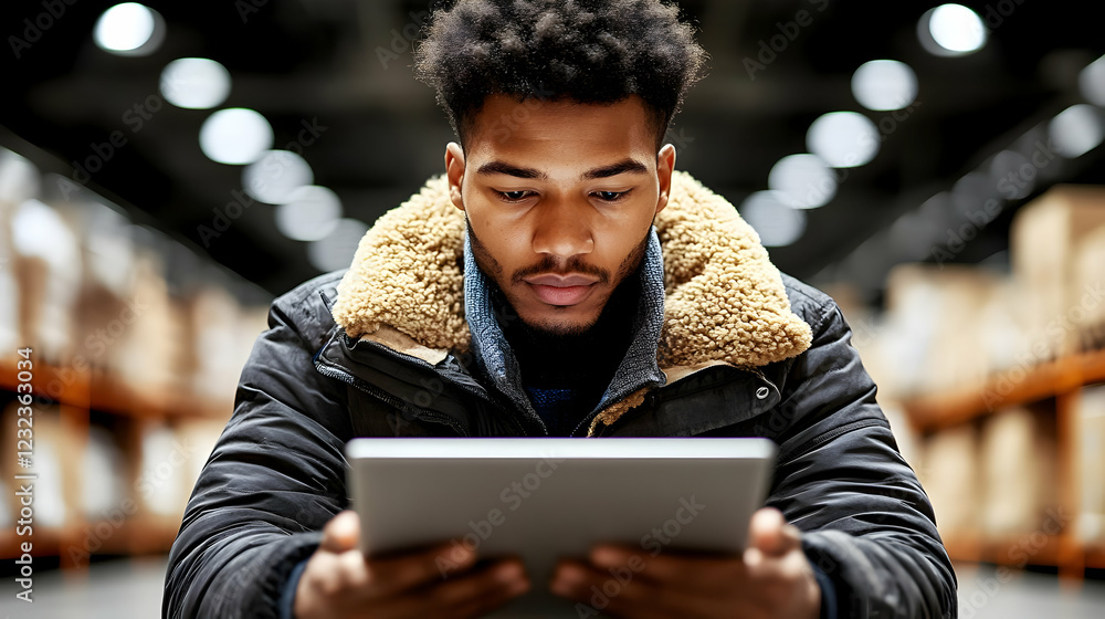 Poster man uses digital tablet in warehouse, managing inventory efficiently and precisely