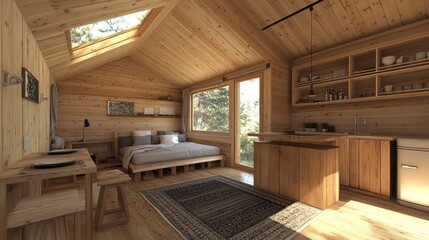 Cozy wooden tiny house interior with bedroom, kitchen, and natural light.