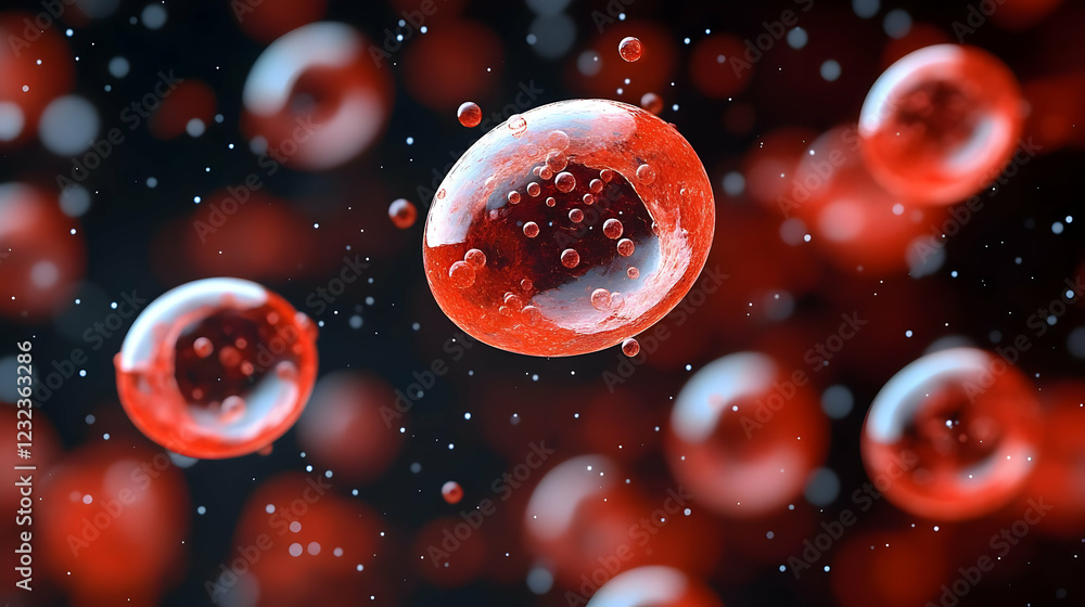 Poster 3d render of red spheres with bubbles floating in a dark, abstract background with white particles