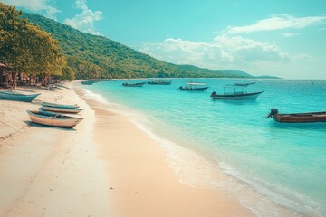 Fototapeta premium Beautiful sandy beach with fishing boats under a clear blue sky on a sunny day