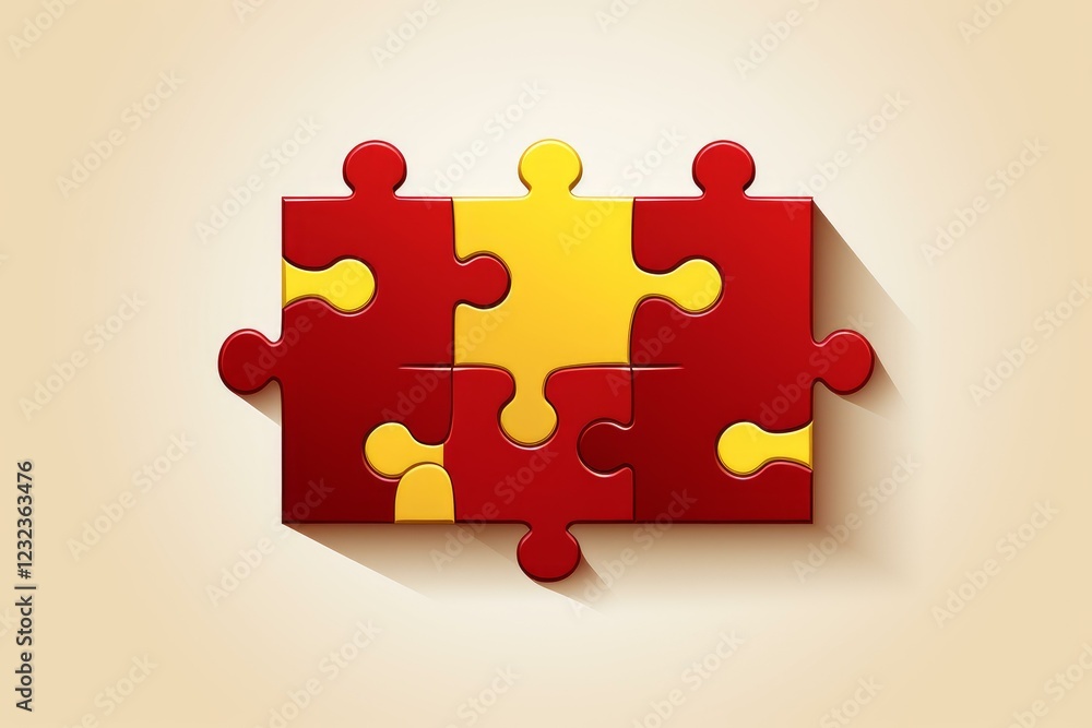 Aufkleber six puzzle pieces, three red and three yellow, are interlocking, creating a rectangular shape on a l
