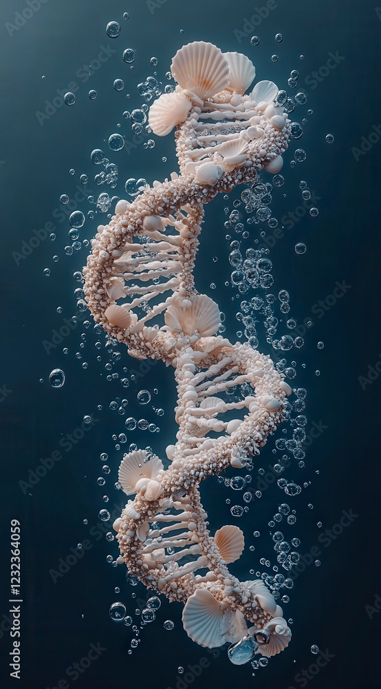Poster abstract 3d rendering of a dna double helix structure composed of small, off white shell like elemen