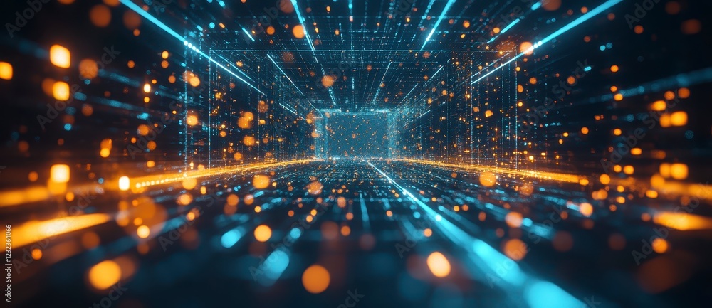 Poster abstract digital art depicting a dark tunnel filled with glowing blue and orange particles, creating