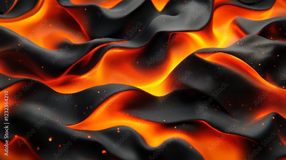 Poster abstract image of dark gray fabric like material with texture, undulating and glowing with intense o