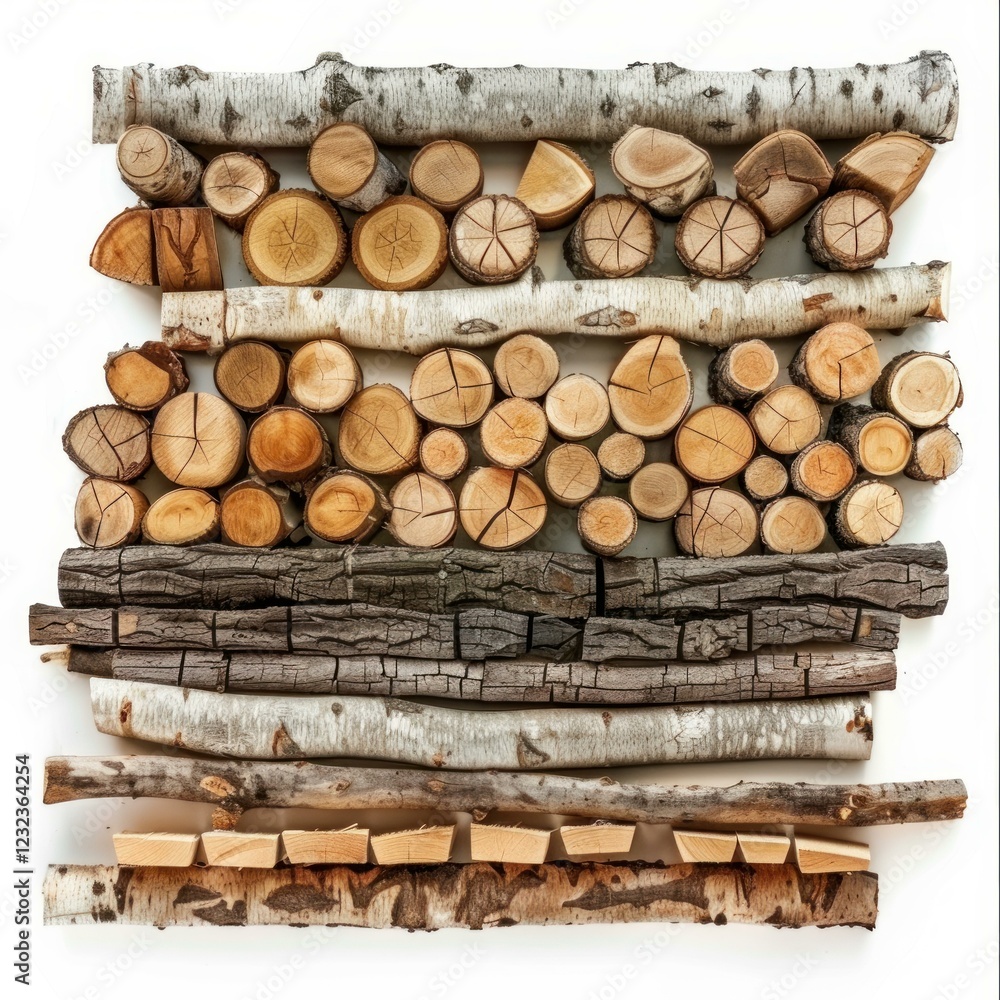 Poster different types of firewood arranged neatly, creating a visually appealing pattern on a white backdr