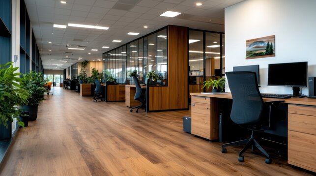 A sleek and sophisticated professional workspace featuring geometric glass walls creating an open and bright environment that promotes productivity and