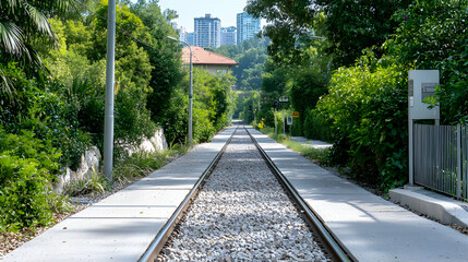 Fototapeta premium Train tracks through urban park, city skyline view