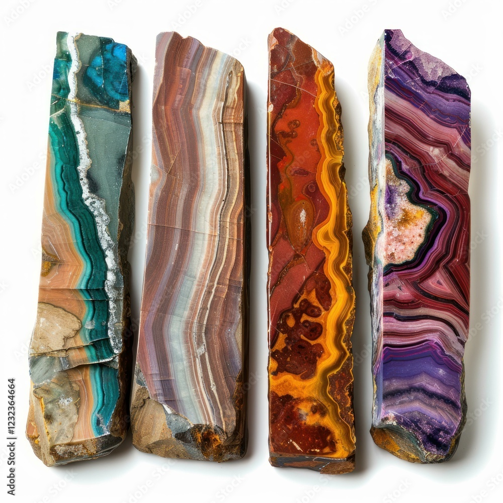Poster four colorful polished agate mineral specimens showing various patterns and textures, isolated on wh