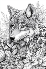 Fototapeta premium beautifully detailed black-and-white illustration of a majestic wolf surrounded by intricate floral patterns. The combination of wildlife and nature creates a peaceful and artistic design, perfect fo
