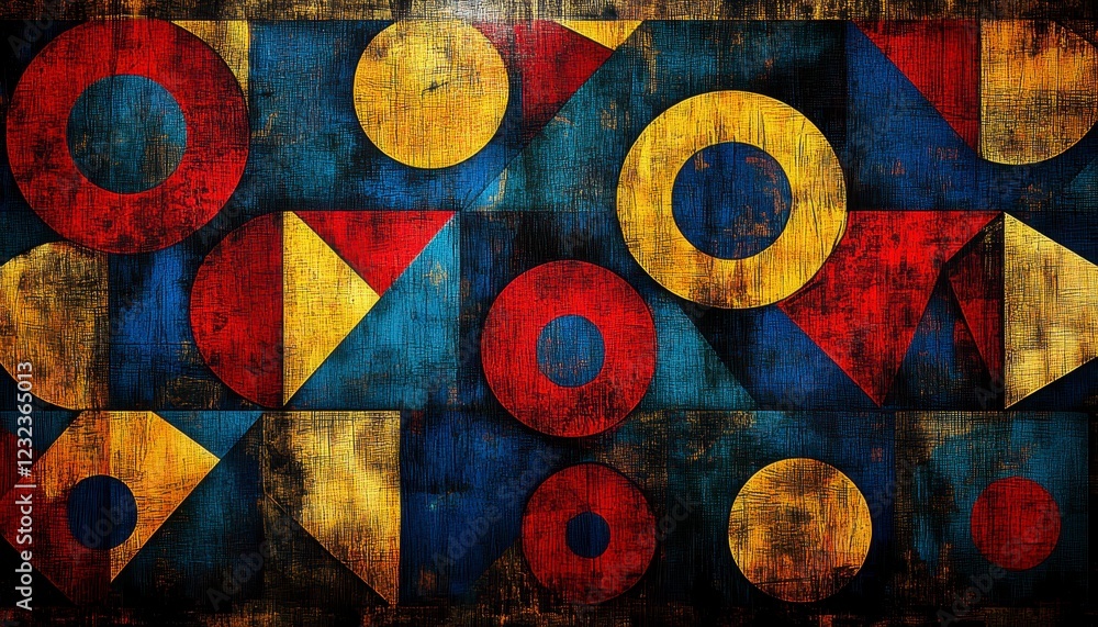 Poster abstract geometric pattern with red, blue, yellow circles and triangles on a dark textured backgroun