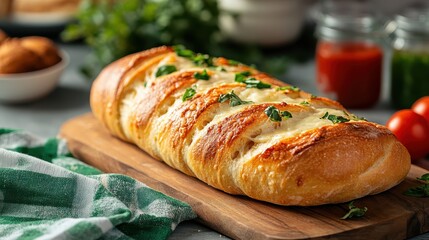 An inviting loaf of crispy bread adorned with fresh herbs, providing a visually appealing centerpiece for your breakfast or brunch table.