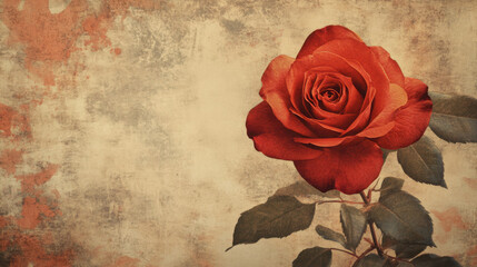 Vintage red rose on textured background.