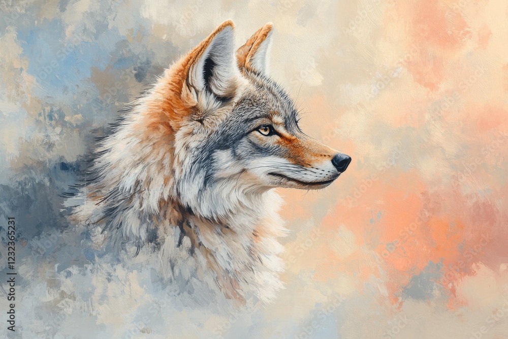 Poster coyote with expressive gaze against an artistic background of soft colors and textures in a serene n